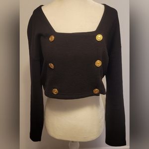 Vintage 80s Necessary Objects Black and Gold Button Cropped Blouse